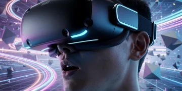 Futuristic VR headset worn by user in immersive digital environment