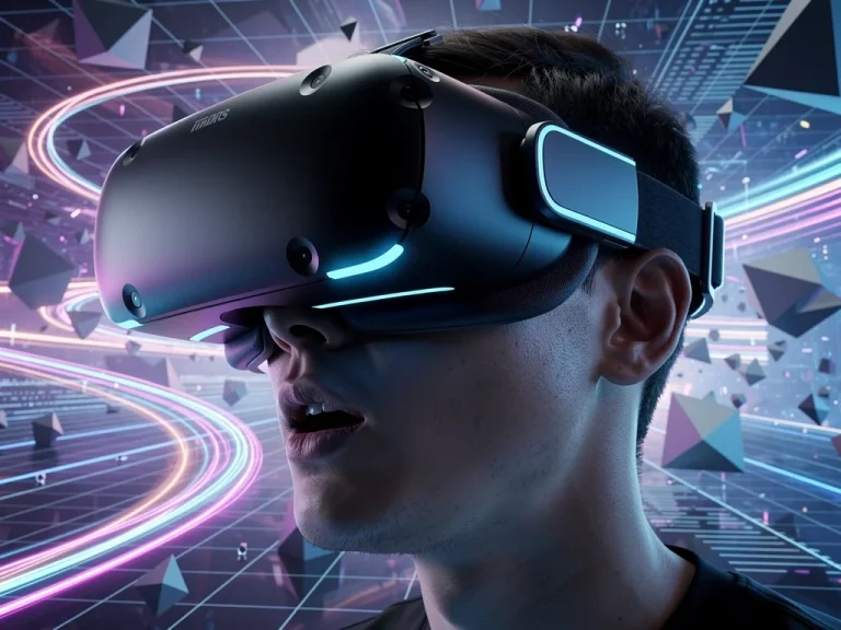 Futuristic VR headset worn by user in immersive digital environment