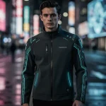 Wearable Tech Integration: 4 Must-Know Trends for US Apparel Futuristic apparel with integrated wearable technology, showcasing smart textiles and subtle glowing elements.