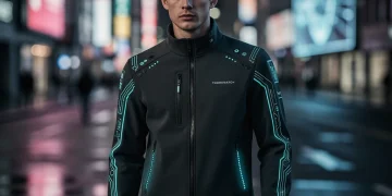 Futuristic apparel with integrated wearable technology, showcasing smart textiles and subtle glowing elements.