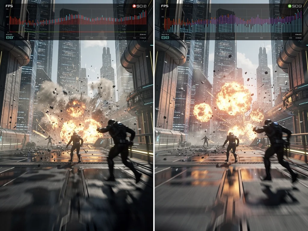 Split-screen comparison of two gaming consoles rendering the same game scene.