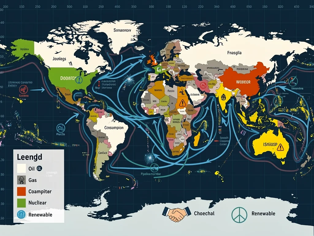 Geopolitical map illustrating global energy trade routes and strategic alliances, reflecting shifts in energy power dynamics.