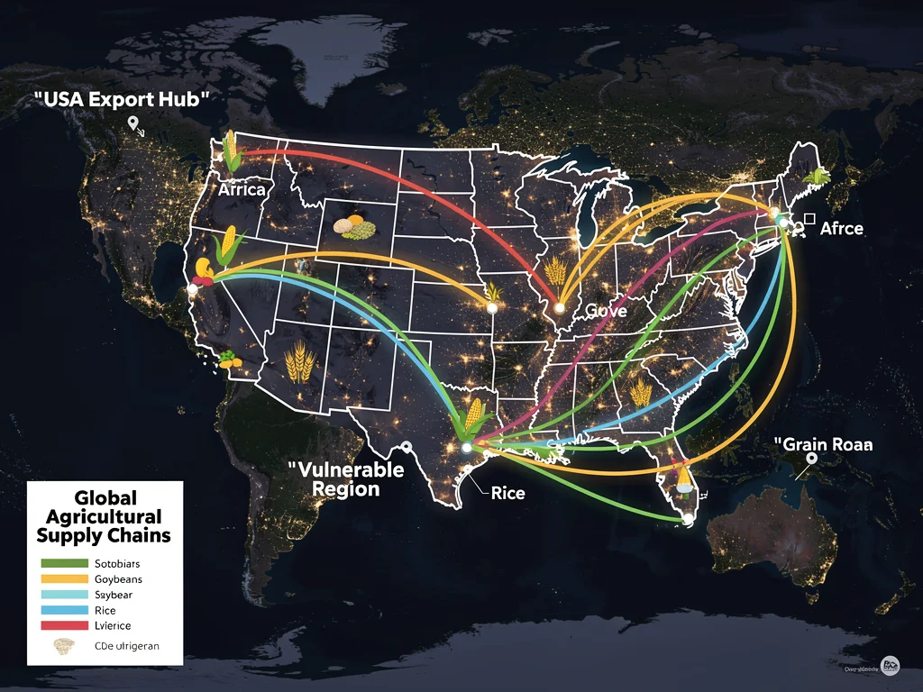 Global agricultural supply chain map highlighting U.S. export routes.