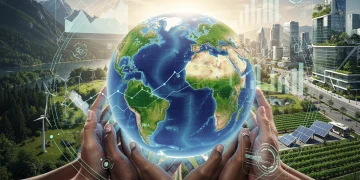 Global leaders collaborating on climate diplomacy, symbolizing international agreements and economic impact in 2026.