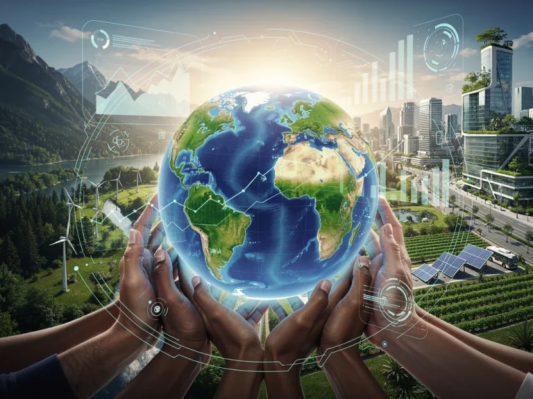 Global leaders collaborating on climate diplomacy, symbolizing international agreements and economic impact in 2026.