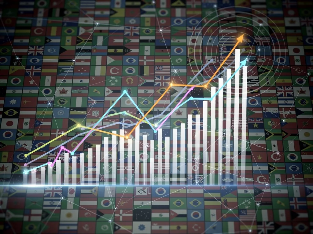 Global flags and economic growth graph depicting international economic shifts