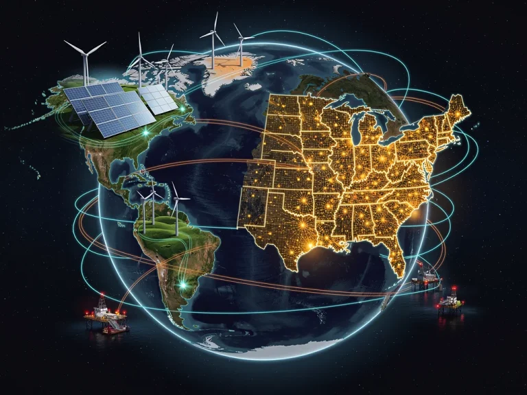 Global energy market map showing diverse energy sources and interconnected trade routes affecting U.S. businesses in 2026.