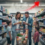 5% Global Inflation: U.S. Consumer Spending Habits in 2026 Family concerned by rising prices in a grocery store due to inflation.
