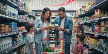 Family concerned by rising prices in a grocery store due to inflation.