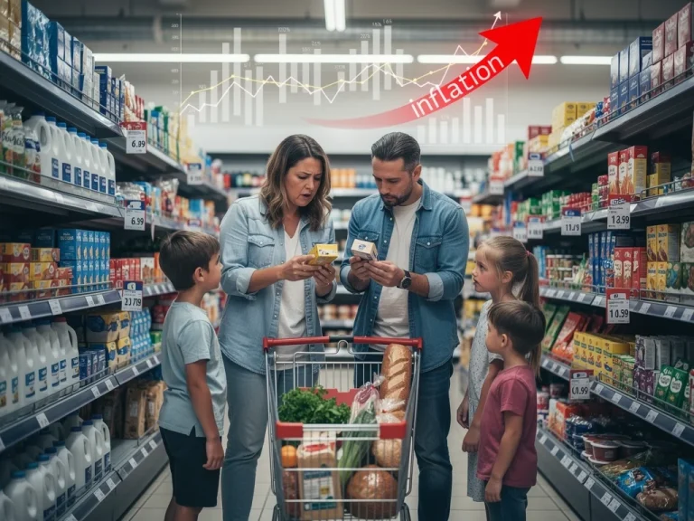 Family concerned by rising prices in a grocery store due to inflation.