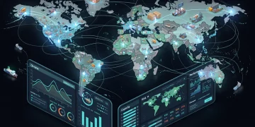 Global supply chain network with data analytics, symbolizing resilience and interconnectedness for U.S. businesses.