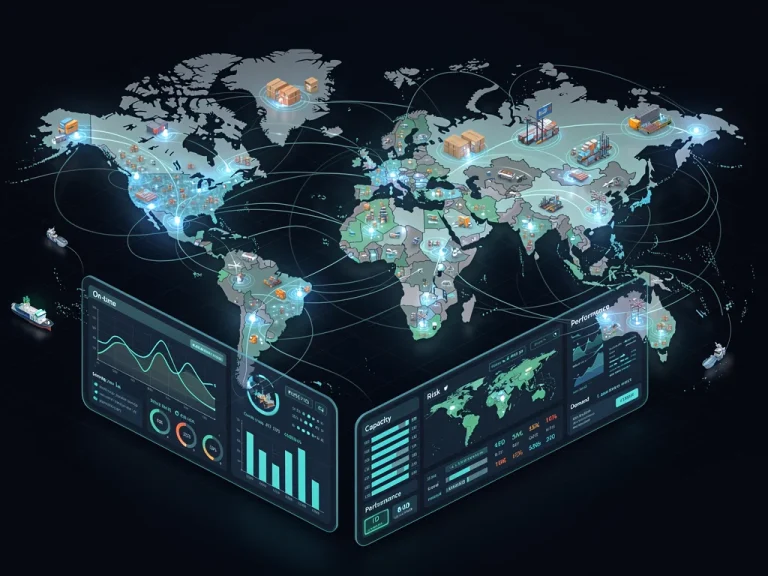 Global supply chain network with data analytics, symbolizing resilience and interconnectedness for U.S. businesses.