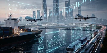 Global supply chain network with digital overlay, symbolizing resilience and financial impact.