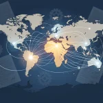 Global trade network illustration with U.S. focus and legal documents.