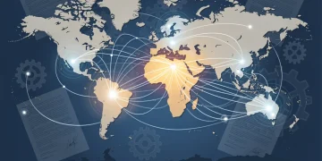 Global trade network illustration with U.S. focus and legal documents.