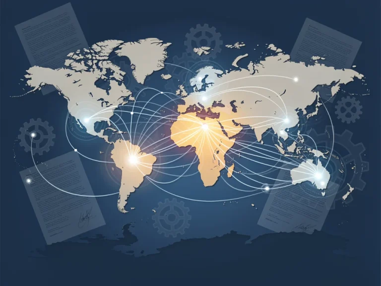 Global trade network illustration with U.S. focus and legal documents.