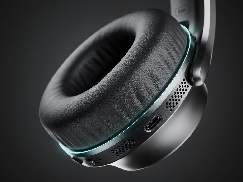 Close-up of a headphone ear cup showing comfort and ANC technology.