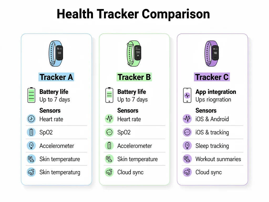 Infographic comparing battery life, sensor types, and app integration of three health trackers, highlighting key differences.
