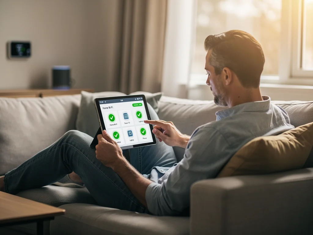 Homeowner managing connected home cybersecurity on a tablet