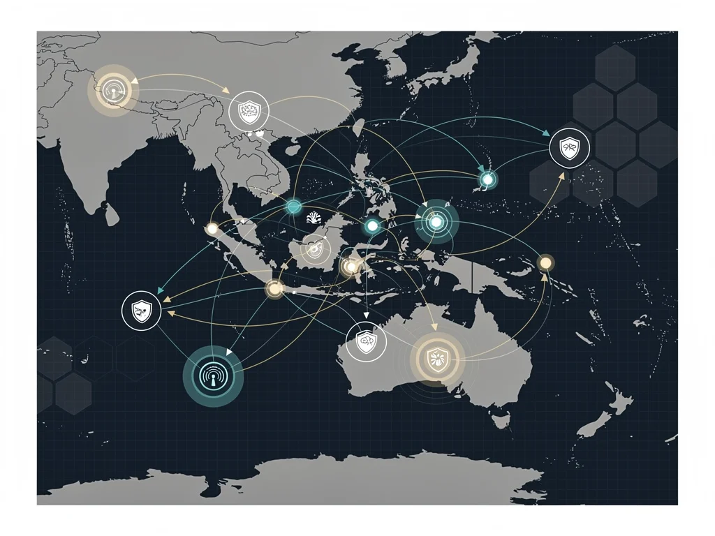 Network graphic illustrating interconnected security agreements and information sharing among Indo-Pacific nations.