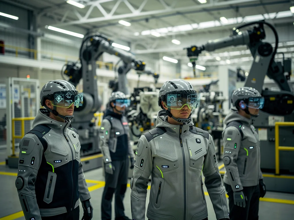 Workers in industrial setting with augmented reality helmets and climate-controlled protective gear