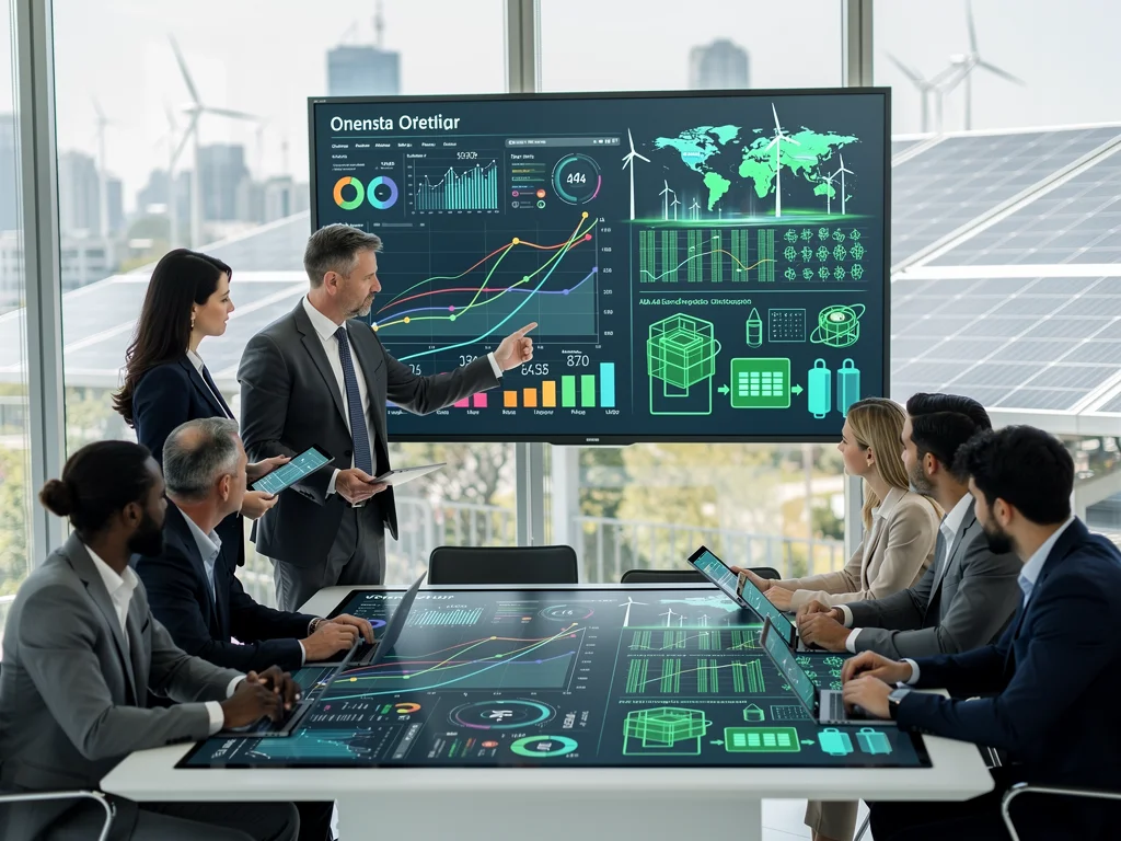 Professionals collaborating on green technology and economic strategy.