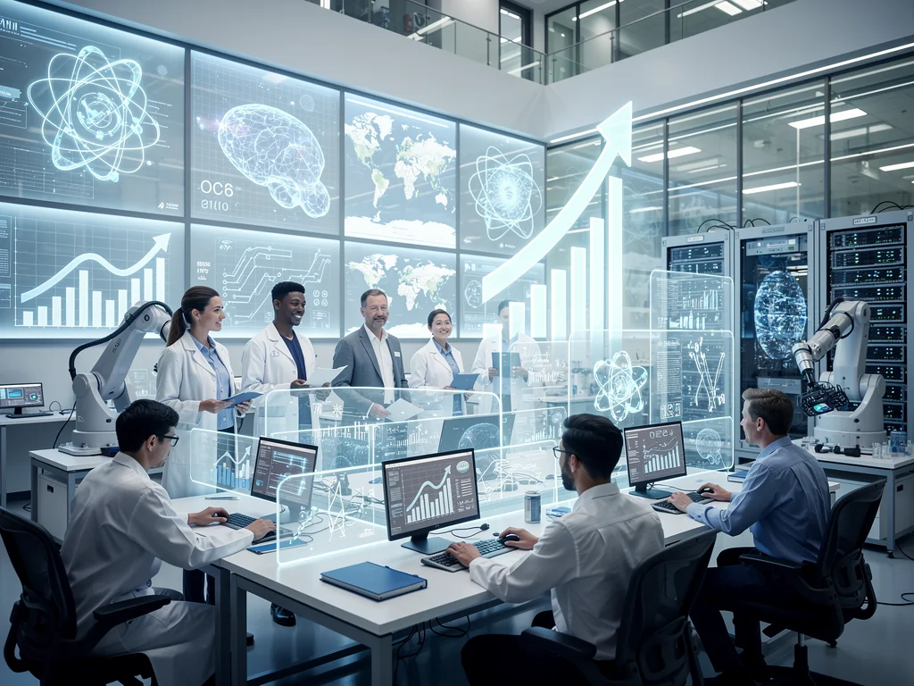 Scientists collaborating on AI and quantum computing, symbolizing innovation's impact on economy.