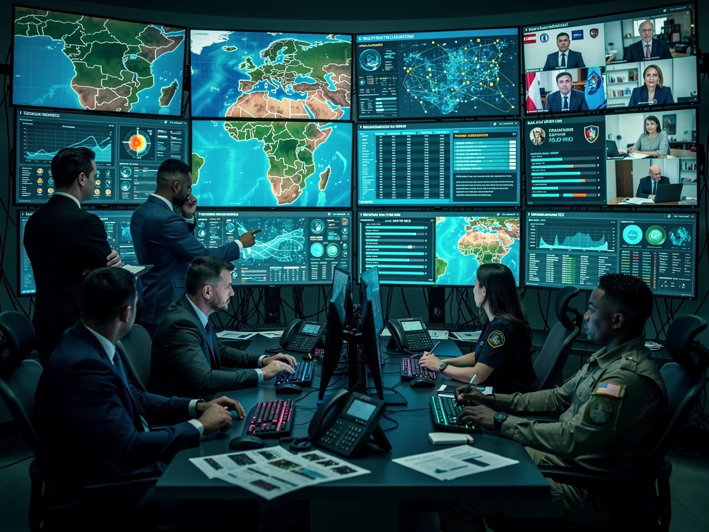 Intelligence analysts collaborating on global threat assessment.