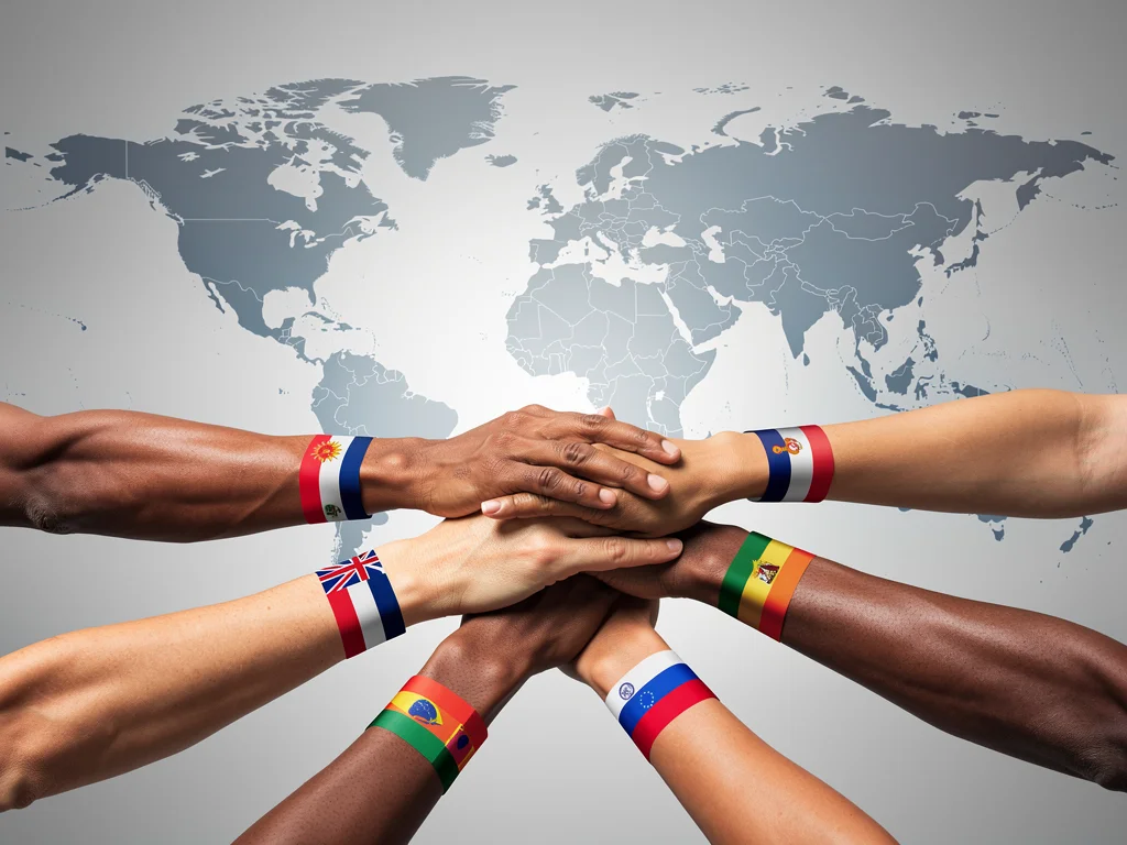 Diverse hands shaking, symbolizing strengthened international cooperation and security pacts in the Indo-Pacific.
