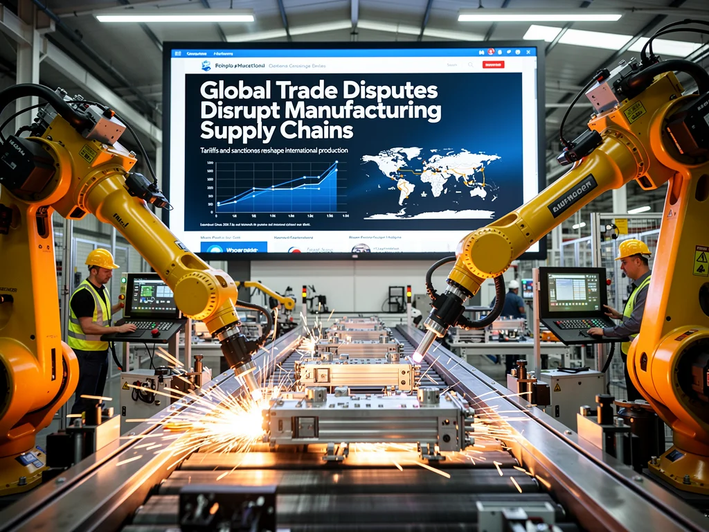 Manufacturing robots with trade dispute news overlay