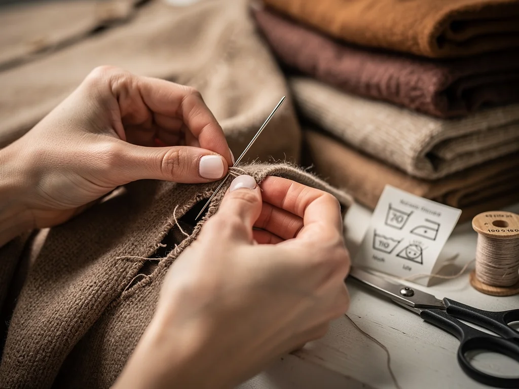 Hands mending a garment, emphasizing repair and longevity in sustainable fashion