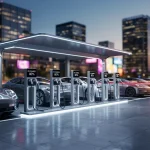 Modern 2026 EV charging station in urban setting at dusk