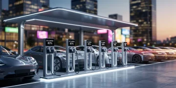 Modern 2026 EV charging station in urban setting at dusk