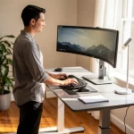 Home Office Upgrades: Top Ergonomic Tech for U.S. Remote Workers 2026 Modern home office with ergonomic setup, adjustable desk, ergonomic keyboard, mouse, and curved monitor.