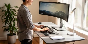 Modern home office with ergonomic setup, adjustable desk, ergonomic keyboard, mouse, and curved monitor.