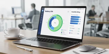 Modern ultrabook on a desk showing battery life and durability ratings
