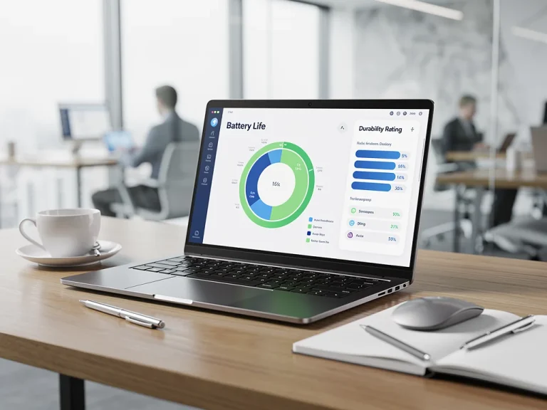 Modern ultrabook on a desk showing battery life and durability ratings
