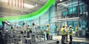 Modern US manufacturing facility with robotics and diverse workforce, symbolizing innovation and economic growth.