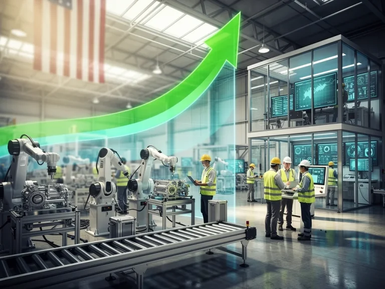 Modern US manufacturing facility with robotics and diverse workforce, symbolizing innovation and economic growth.