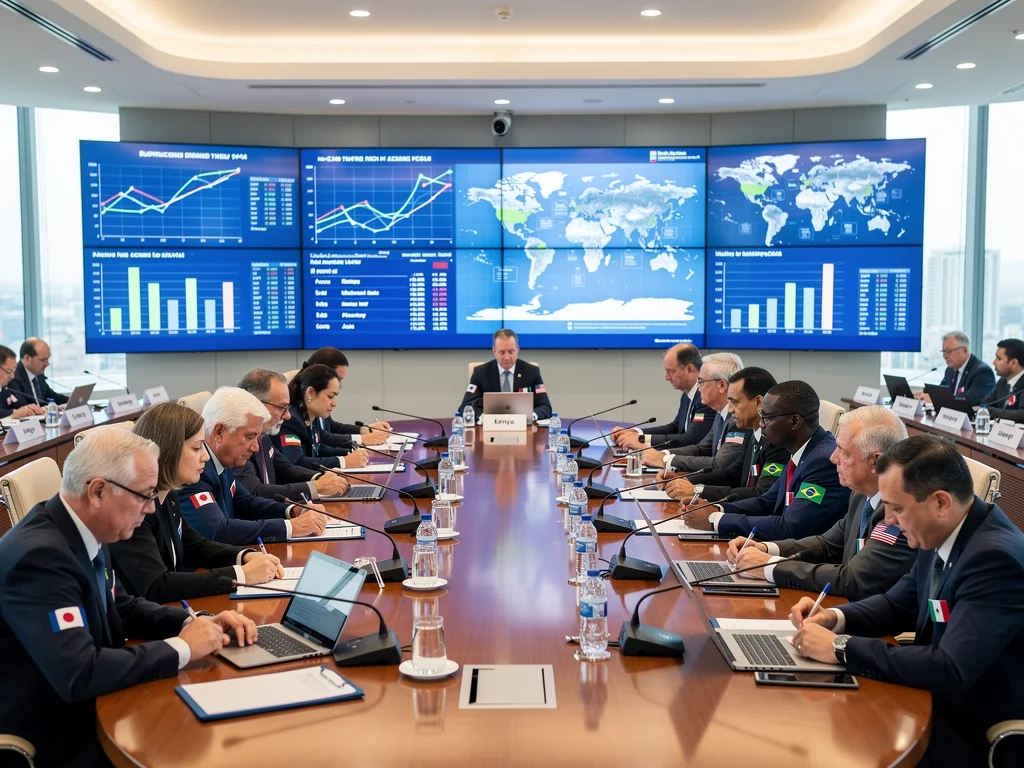 International delegates discussing global economic policies in a conference setting.
