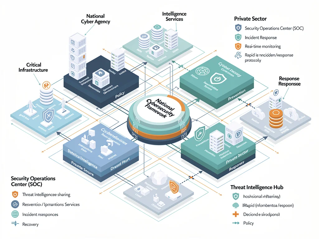 Diagram of U.S. national cybersecurity framework layers and interconnected agencies.