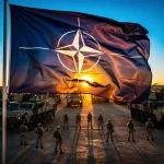 The Future of NATO in 2026: U.S. Contributions & European Security NATO flag waving with military exercise in background, symbolizing alliance strength.