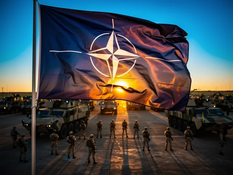 NATO flag waving with military exercise in background, symbolizing alliance strength.