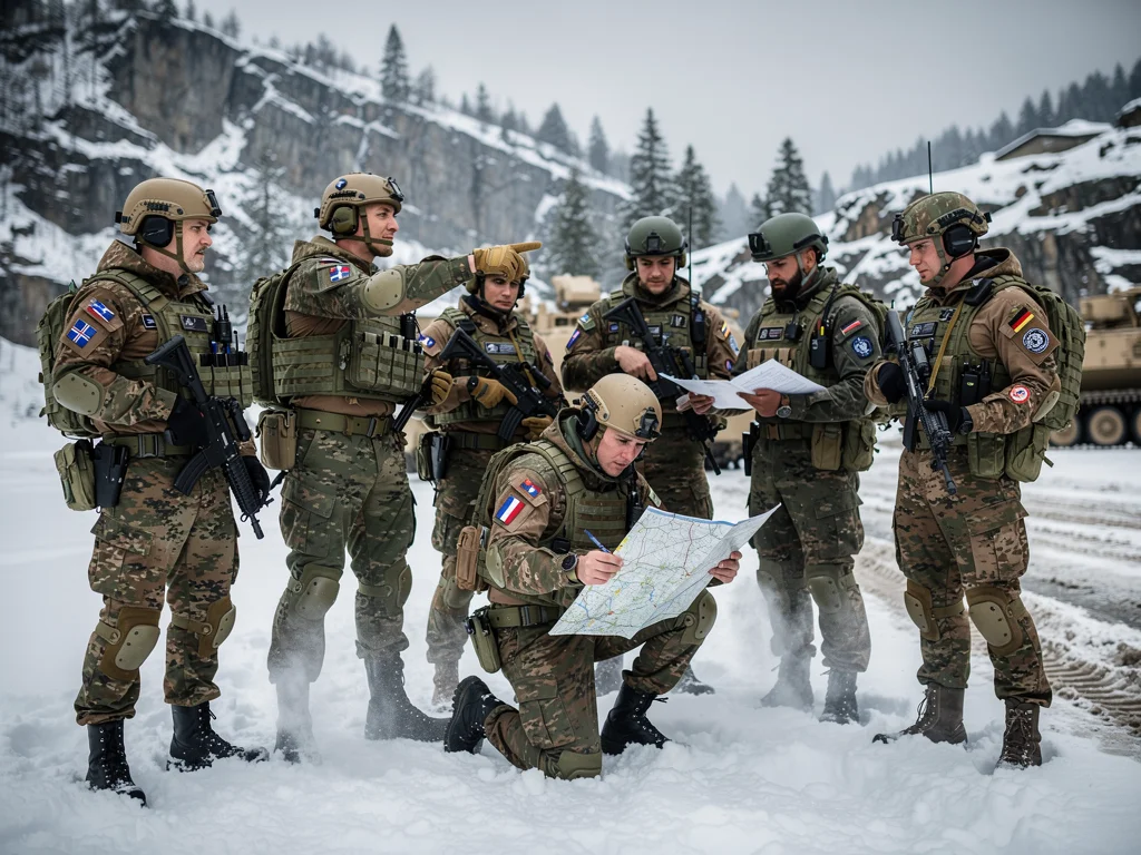 NATO multinational forces training in snowy European terrain.