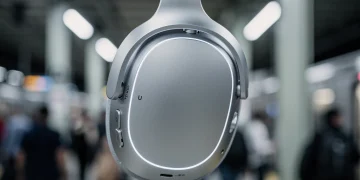 Sleek silver noise-cancelling headphones on a train, blocking out city noise.