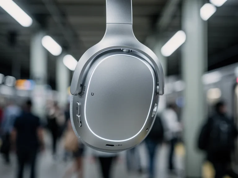 Sleek silver noise-cancelling headphones on a train, blocking out city noise.