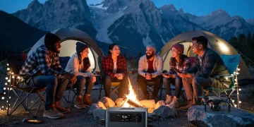 Campers enjoying evening with portable power station charging devices