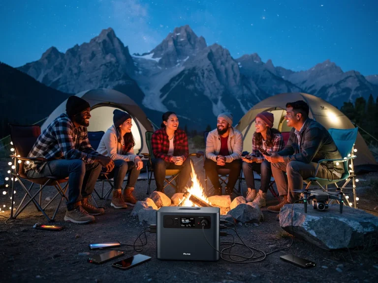 Campers enjoying evening with portable power station charging devices