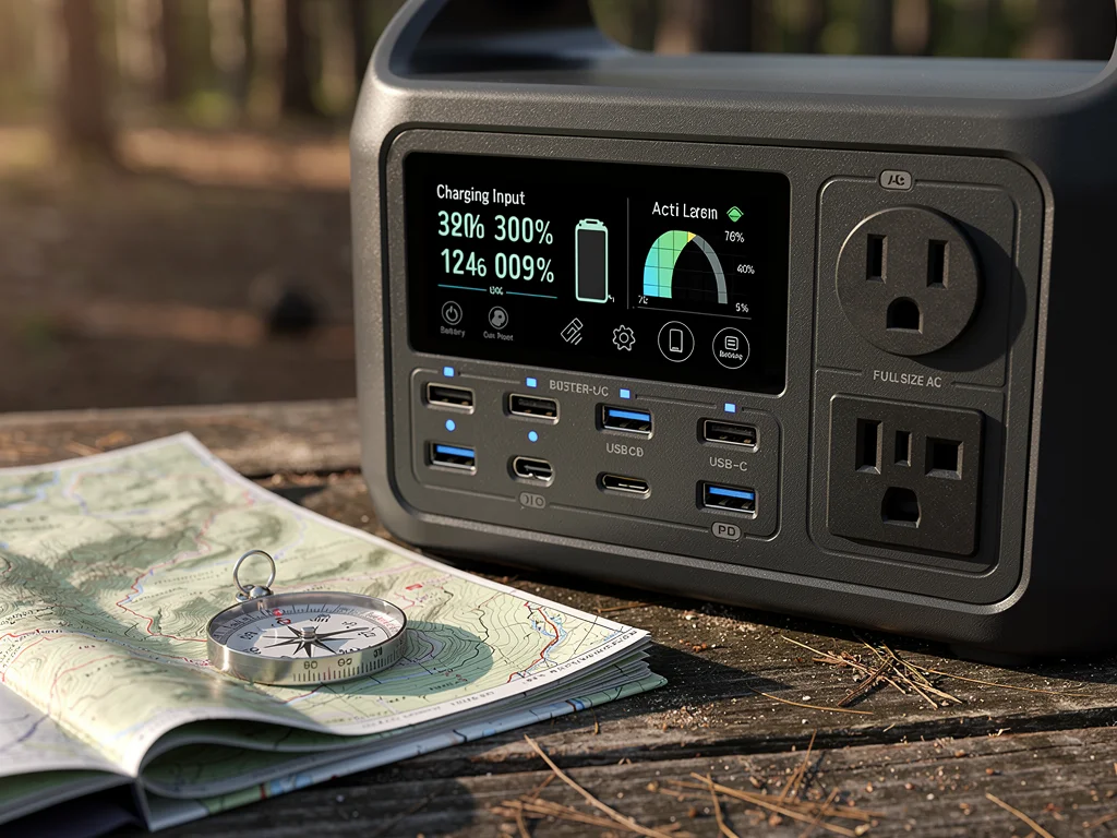 Portable power station display showing charging metrics and multiple ports