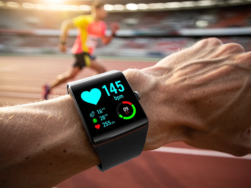 Close-up of a health tracker displaying real-time heart rate and activity metrics on a person's wrist during a run.